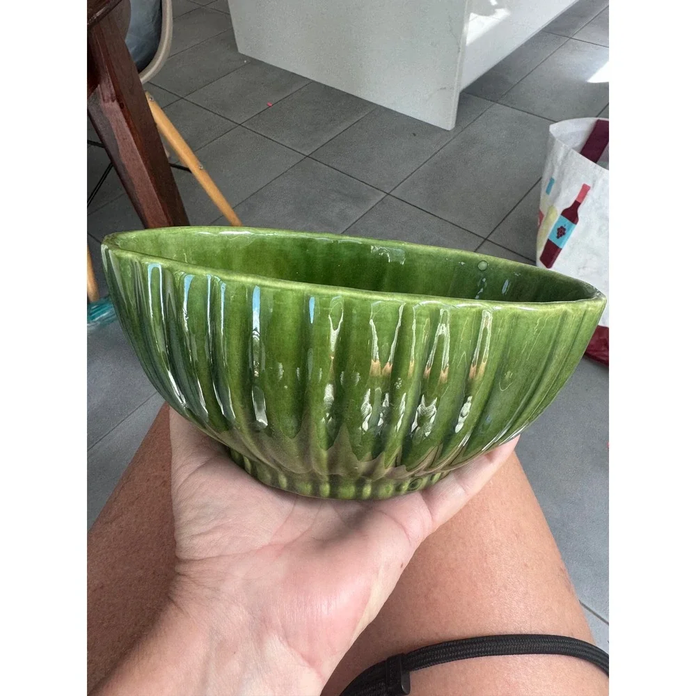 Vintage Haeger Pottery Green Ribbed Oval Planter Bowl 4020 USA Made Ceramic
